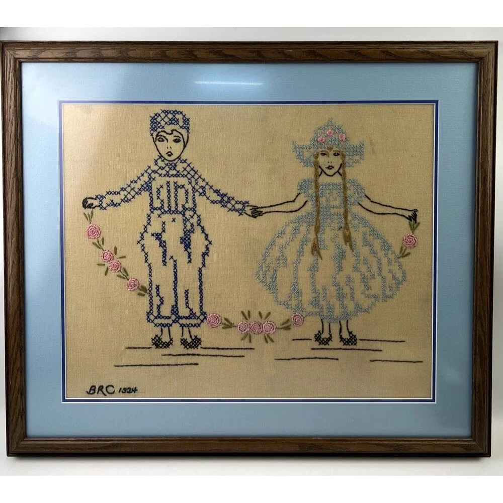 Cross Stitch Picture Art Of Two - 1924 Initials: BRC Protective Glass Framed